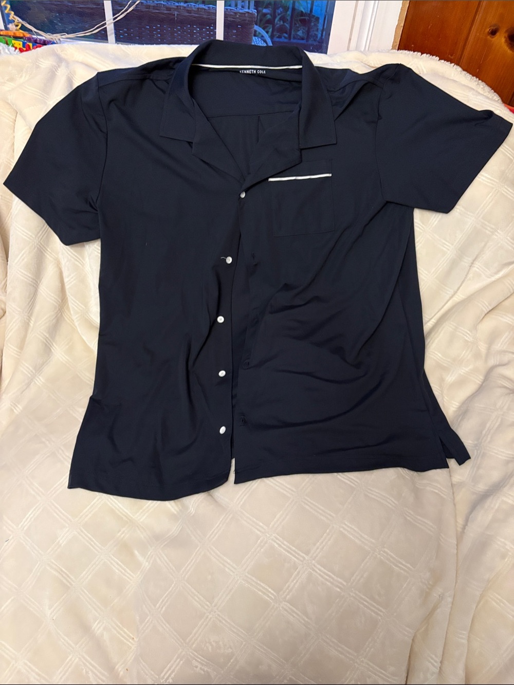 Kenneth Cole New York Button Up Black Short Sleeve Knit Dress Shirt Size XL